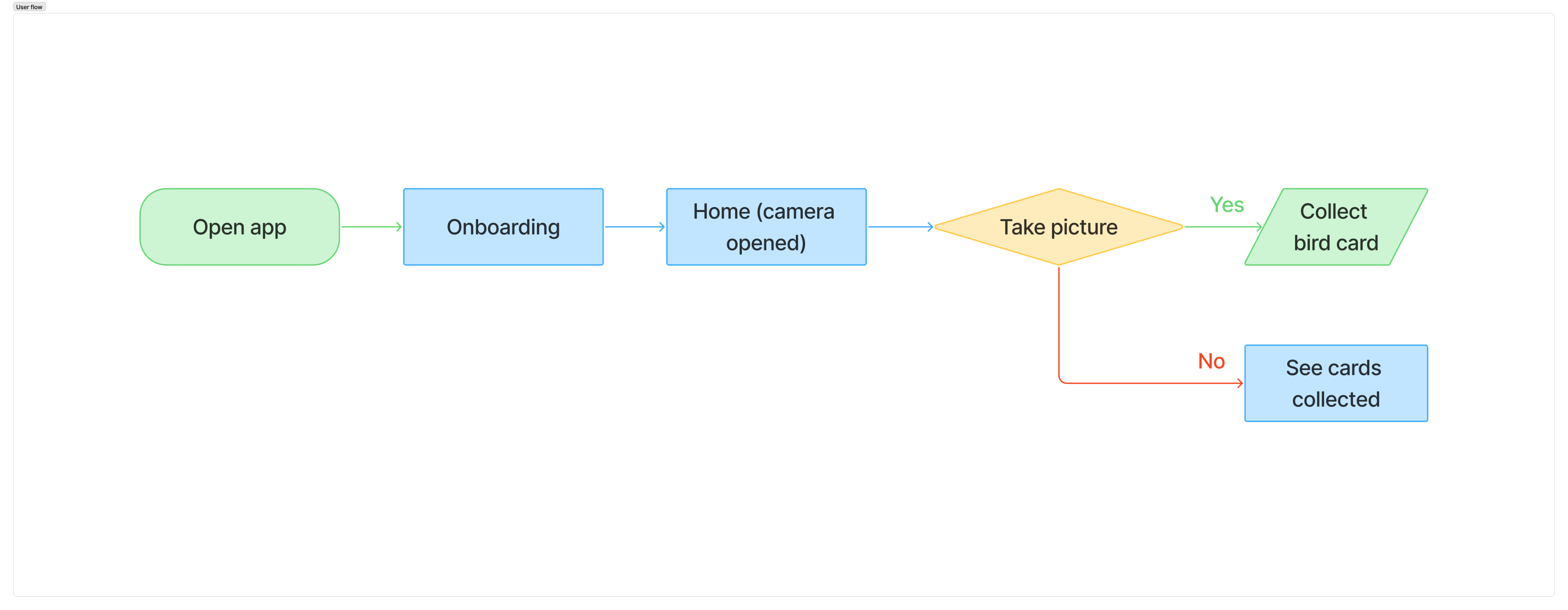 City Bird: The App — User flow: open app, onboarding, camera, take a picture, then collect a bird card or see cards collected