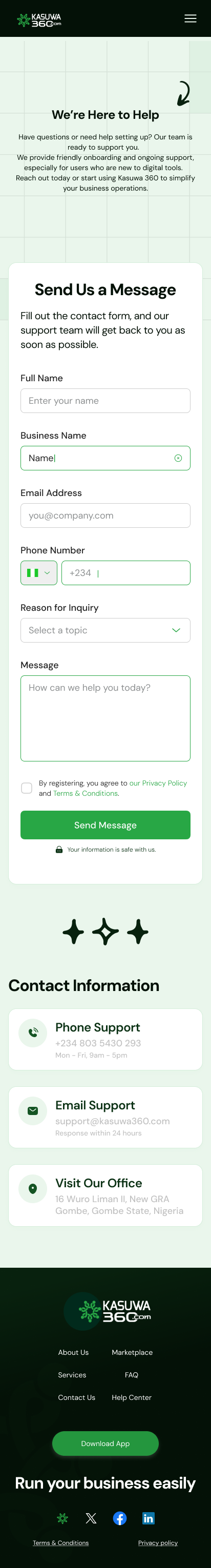 Kasuwa 360 — Contact page on mobile