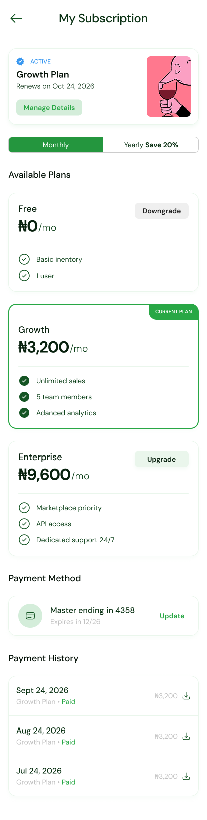 Kasuwa 360 — Subscription plans and payment history on mobile