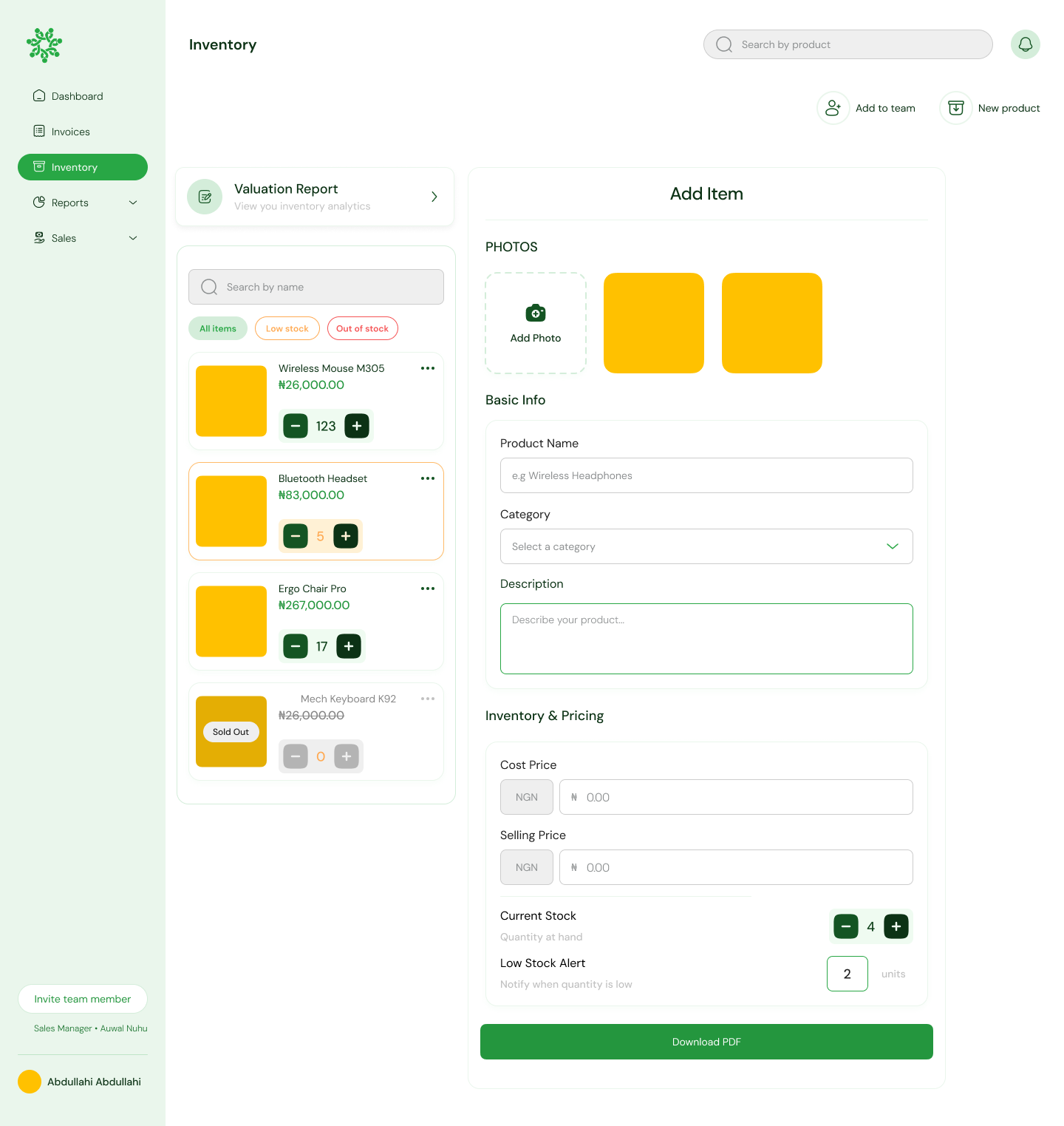 Kasuwa 360 — Inventory list with the add item form