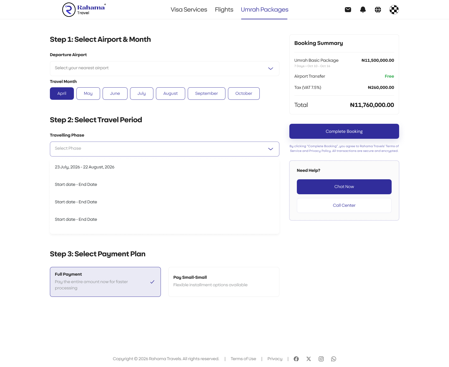 Rahama Travels — Booking steps: airport, travel period and payment plan
