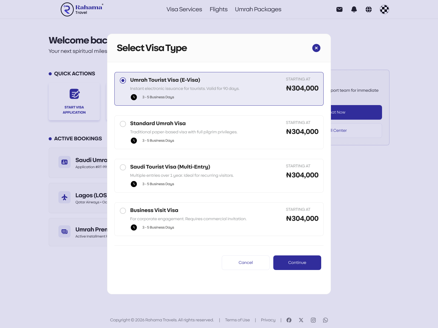 Rahama Travels — Visa type selection over the customer dashboard