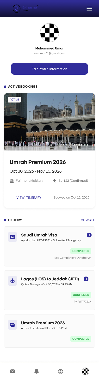 Rahama Travels — Profile with active bookings and history on mobile