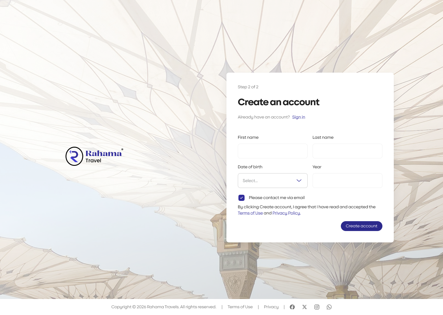 Rahama Travels — Account creation screen