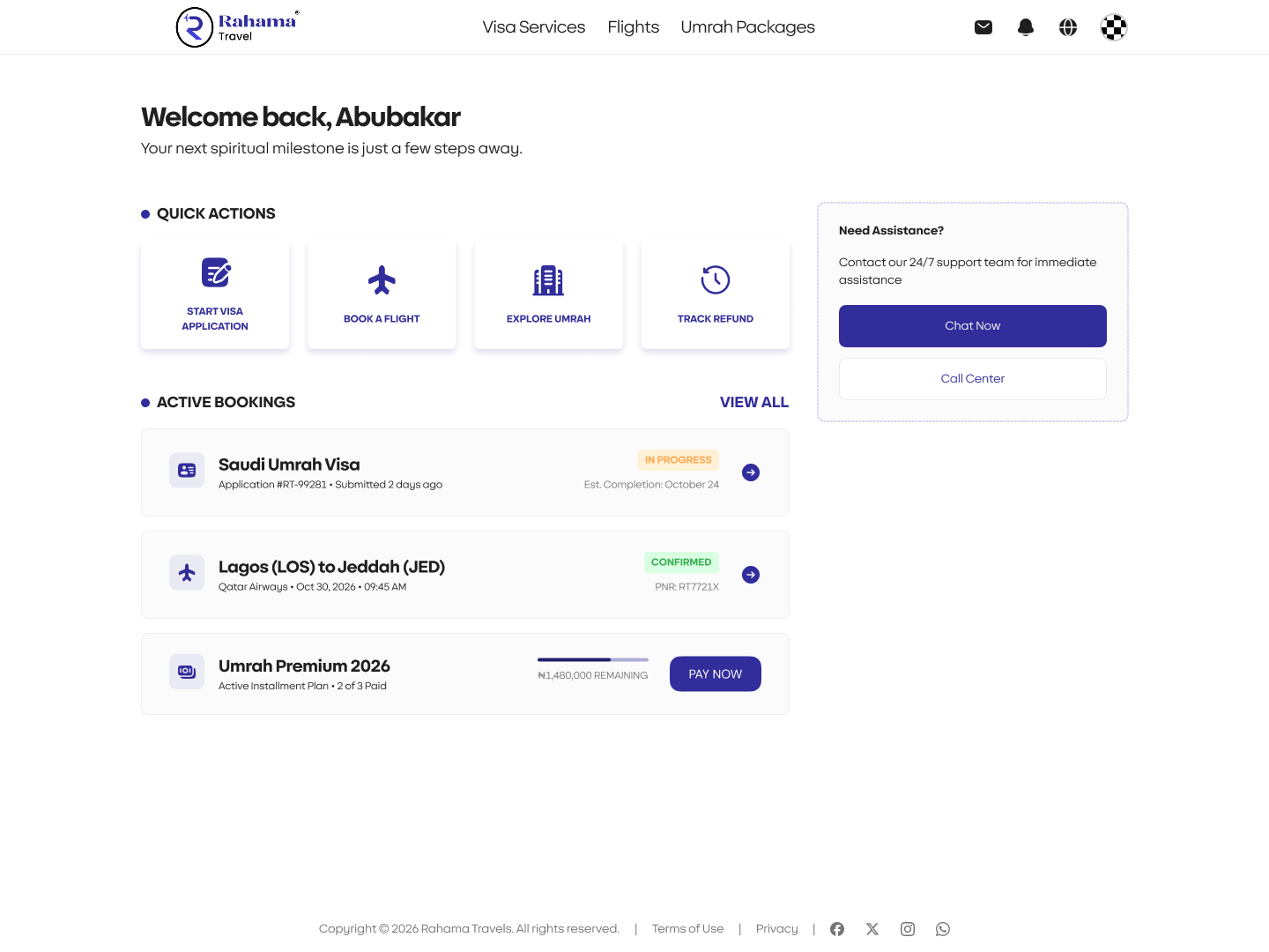 Rahama Travels — Customer dashboard with quick actions